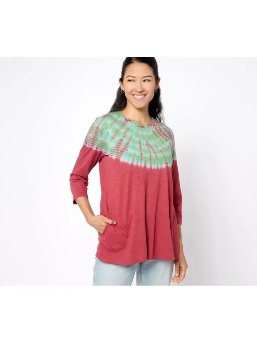 LOGO by Lori Goldstein Women Top sz M Tie Dye 3/4 Sleeve Crew Neck Red A607757